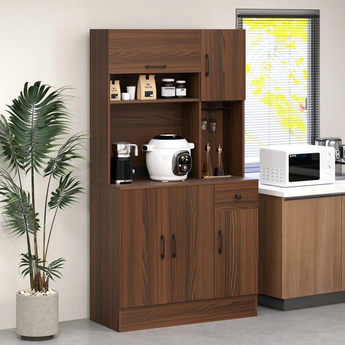Küchenschrank Holz Buffetschrank mit Steckdosen & USB-Anschlüsse & Type C Hochschrank Braun 90 x 39 x 167 cm