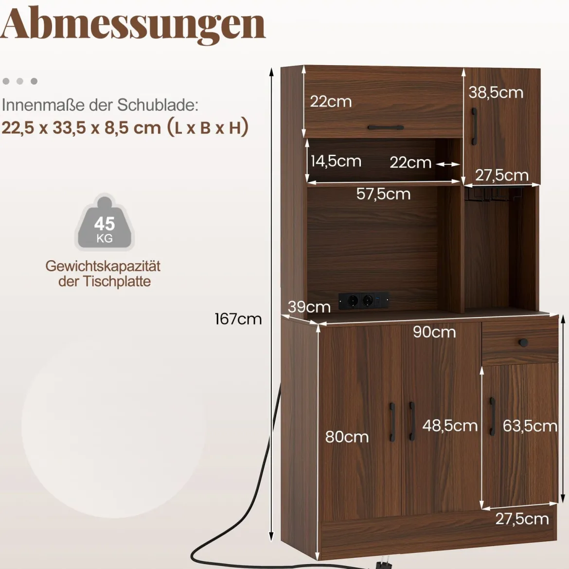 Küchenschrank Holz Buffetschrank mit Steckdosen & USB-Anschlüsse & Type C Hochschrank Braun 90 x 39 x 167 cm