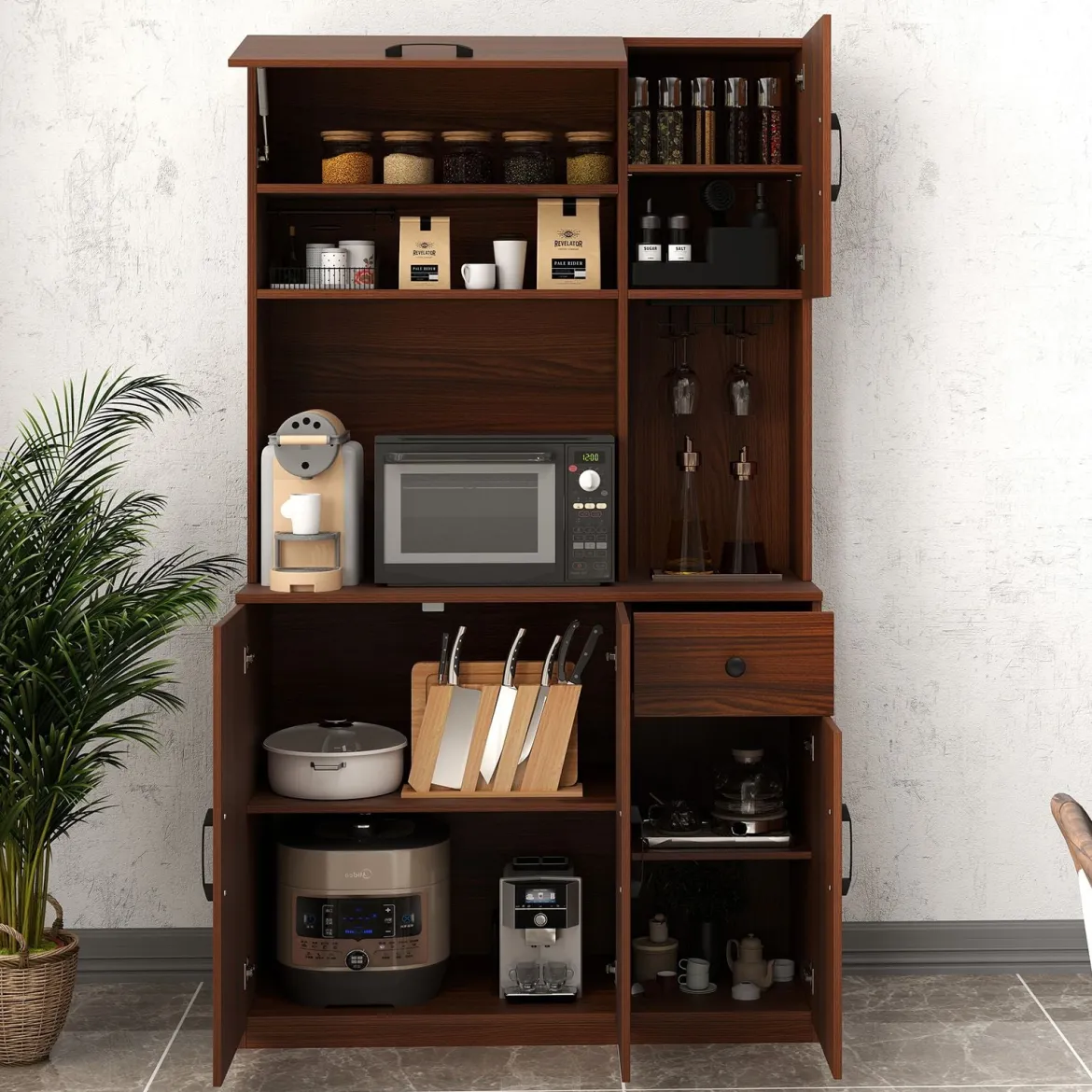 Küchenschrank Holz Buffetschrank mit Steckdosen & USB-Anschlüsse & Type C Hochschrank Braun 90 x 39 x 167 cm