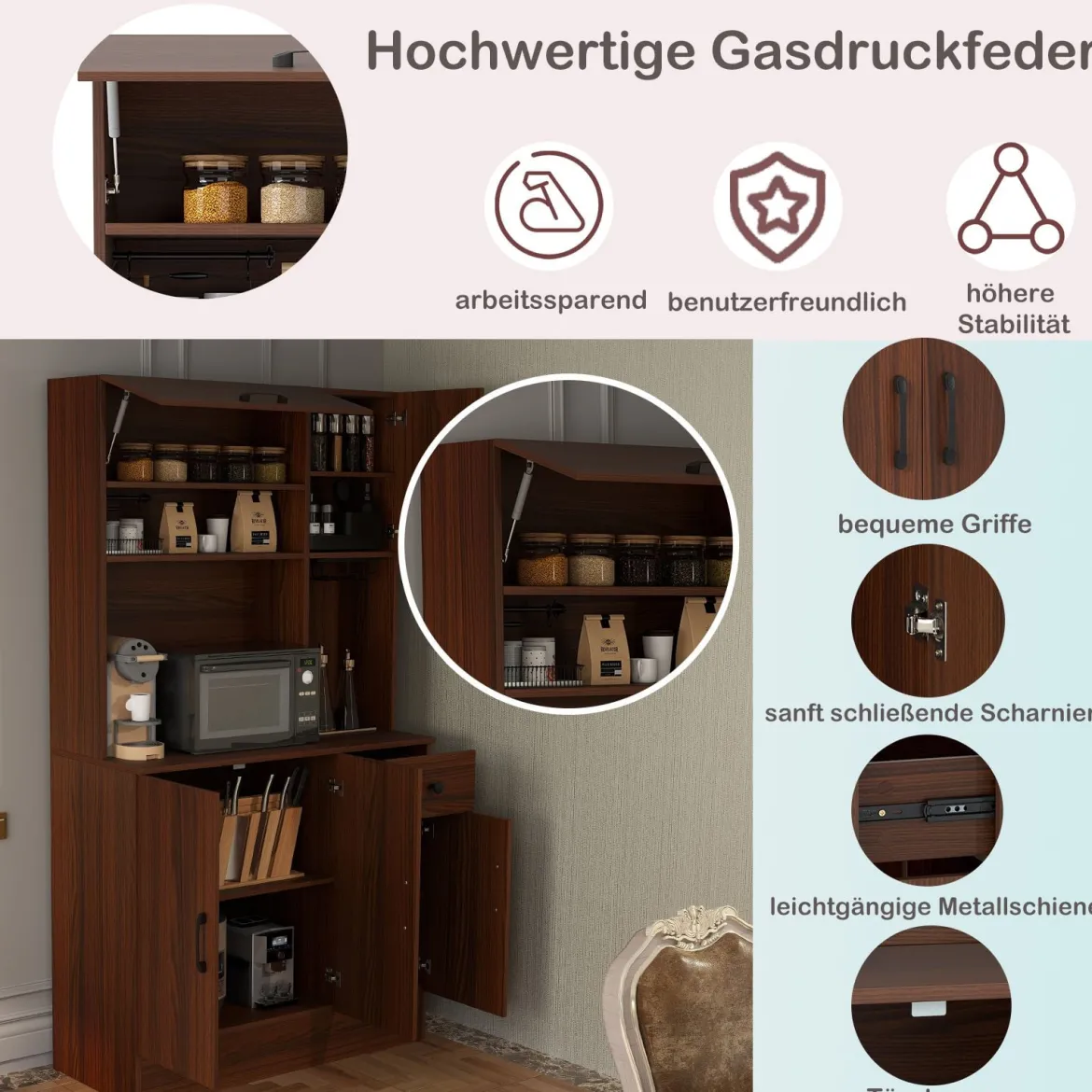 Küchenschrank Holz Buffetschrank mit Steckdosen & USB-Anschlüsse & Type C Hochschrank Braun 90 x 39 x 167 cm