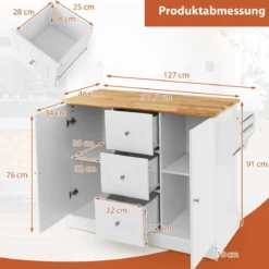 Küchenschrank Holz Kücheninsel mit 5 versteckten Rollen Küchenwagen mit Arbeitsplatte 127 x 46 x 91,5 cm Weiß