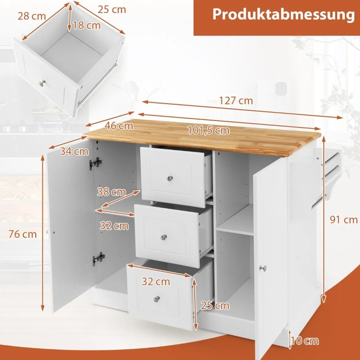 Küchenschrank Holz Kücheninsel mit 5 versteckten Rollen Küchenwagen mit Arbeitsplatte 127 x 46 x 91,5 cm Weiß
