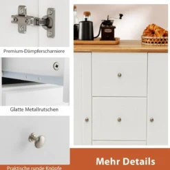 Küchenschrank Holz Kücheninsel mit 5 versteckten Rollen Küchenwagen mit Arbeitsplatte 127 x 46 x 91,5 cm Weiß