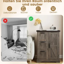 Küchenschrank Holz Landhaus Aktenschrank mit Schiebetür & 3 Schubladen freistehender Buffetschrank Grau