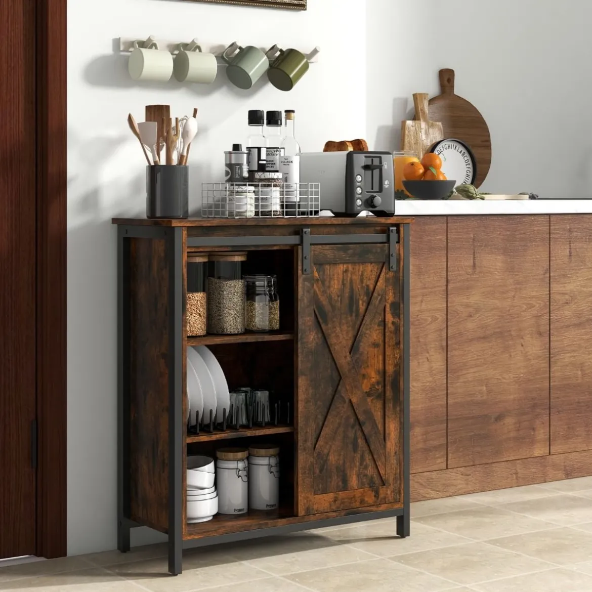 Küchenschrank im Farmhaus-Stil Rustikales Sideboard mit Schiebetür & Verstellbaren Regalen