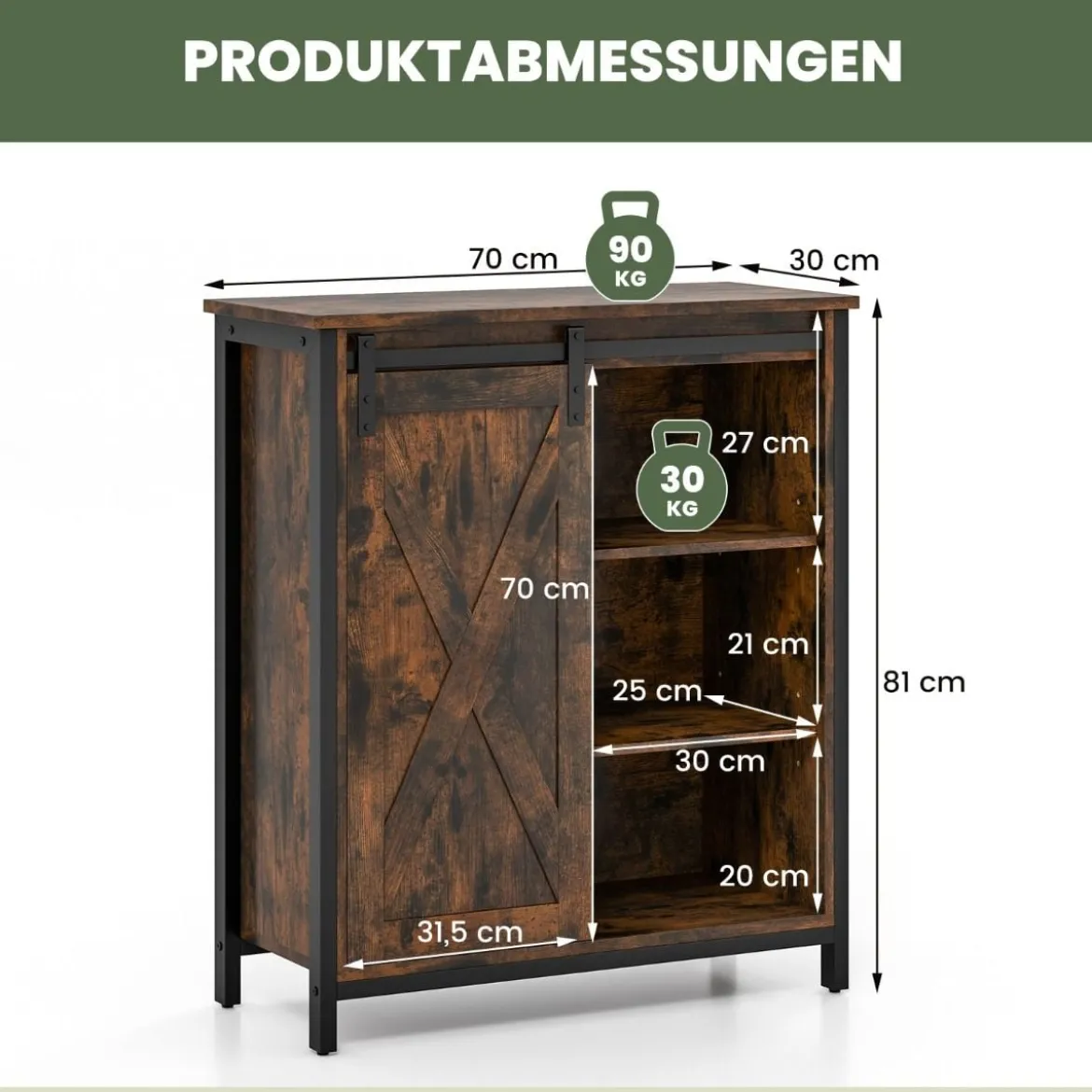 Küchenschrank im Farmhaus-Stil Rustikales Sideboard mit Schiebetür & Verstellbaren Regalen