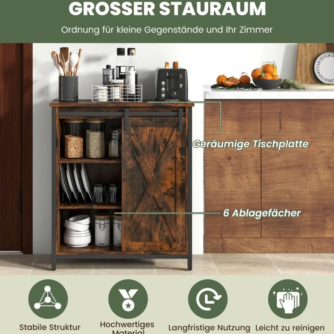 Küchenschrank im Farmhaus-Stil Rustikales Sideboard mit Schiebetür & Verstellbaren Regalen