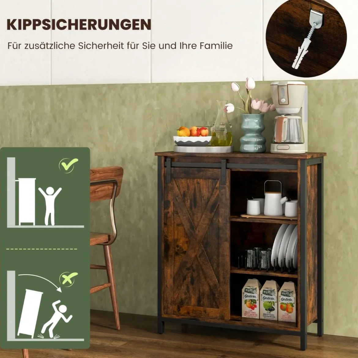 Küchenschrank im Farmhaus-Stil Rustikales Sideboard mit Schiebetür & Verstellbaren Regalen