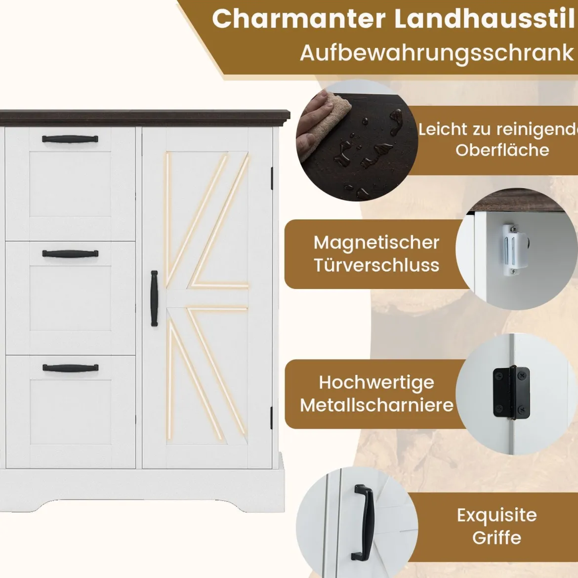 Küchenschrank im Landhausstil mit Türen & 3 Schubladen Buffetschrank Aufbewahrungsschrank Weiß