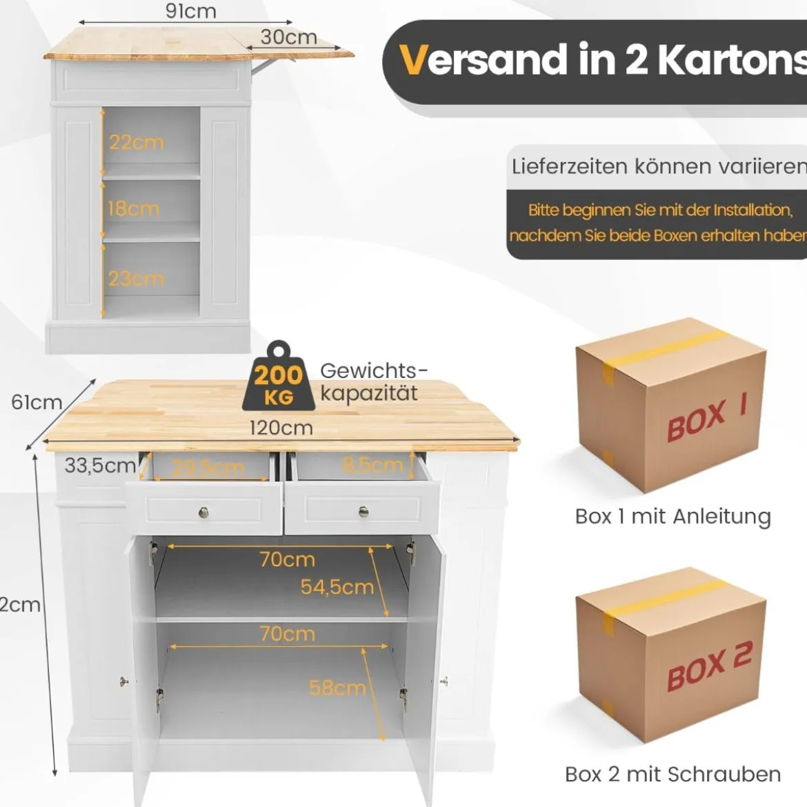 Küchenschrank mit Ausziehbarer Arbeitsplatte aus Gummiholz Kücheninsel mit Stauraum Weiß