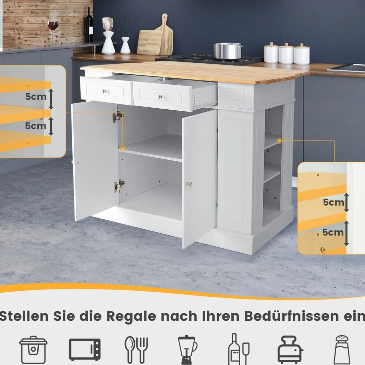 Küchenschrank mit Ausziehbarer Arbeitsplatte aus Gummiholz Kücheninsel mit Stauraum Weiß