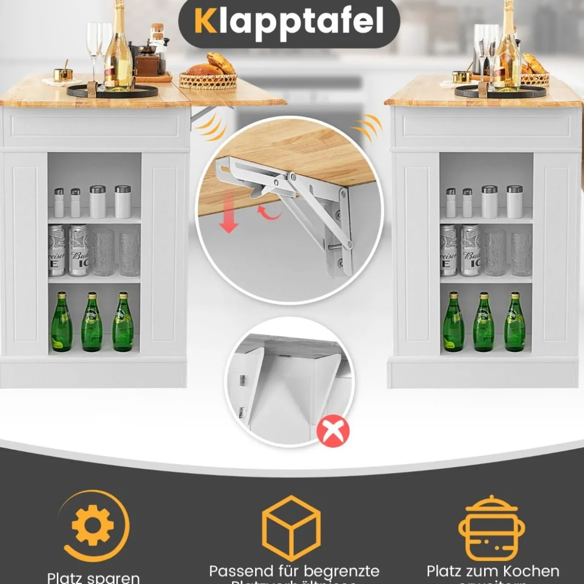 Küchenschrank mit Ausziehbarer Arbeitsplatte aus Gummiholz Kücheninsel mit Stauraum Weiß