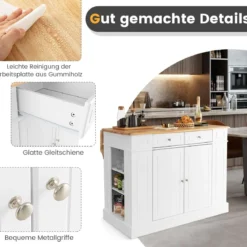 Küchenschrank mit Ausziehbarer Arbeitsplatte aus Gummiholz Kücheninsel mit Stauraum Weiß