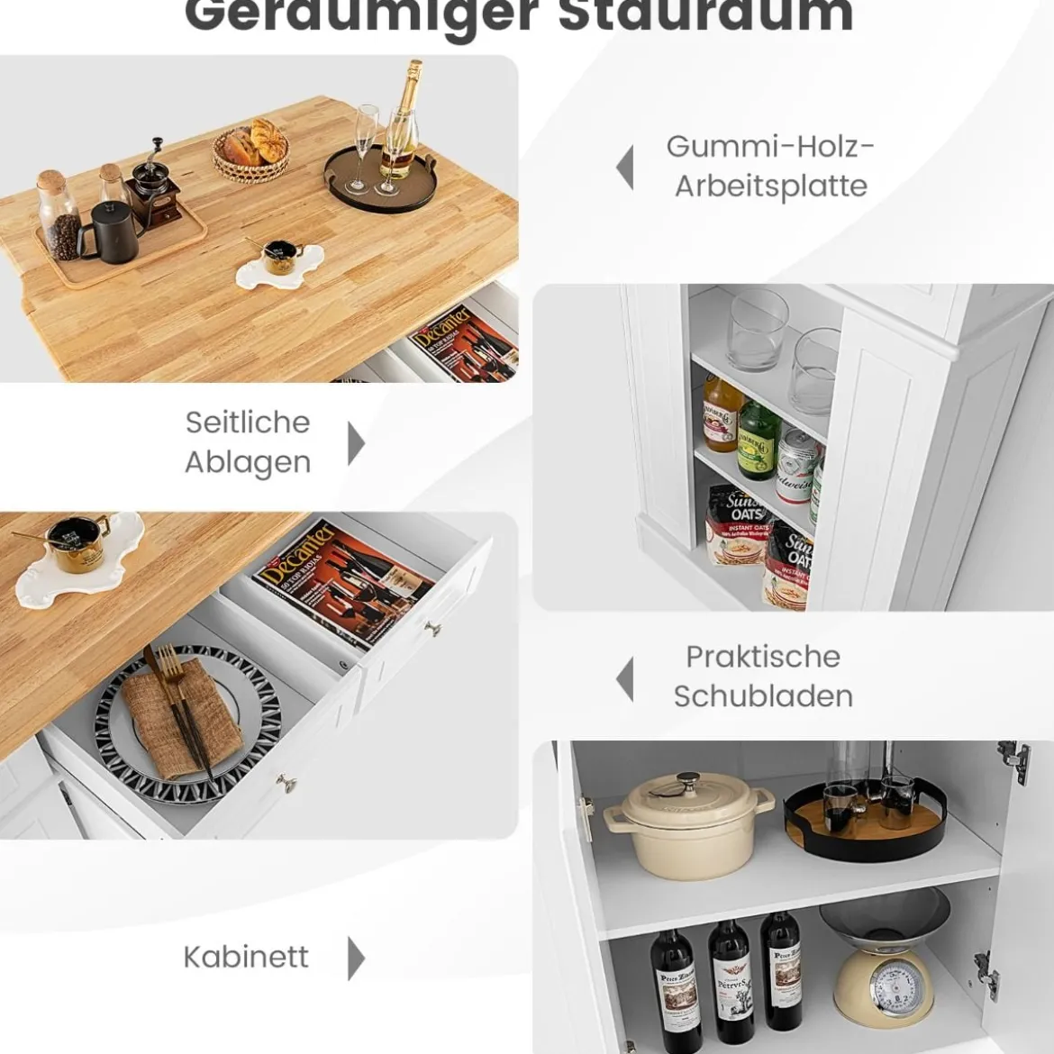 Küchenschrank mit Ausziehbarer Arbeitsplatte aus Gummiholz Kücheninsel mit Stauraum Weiß