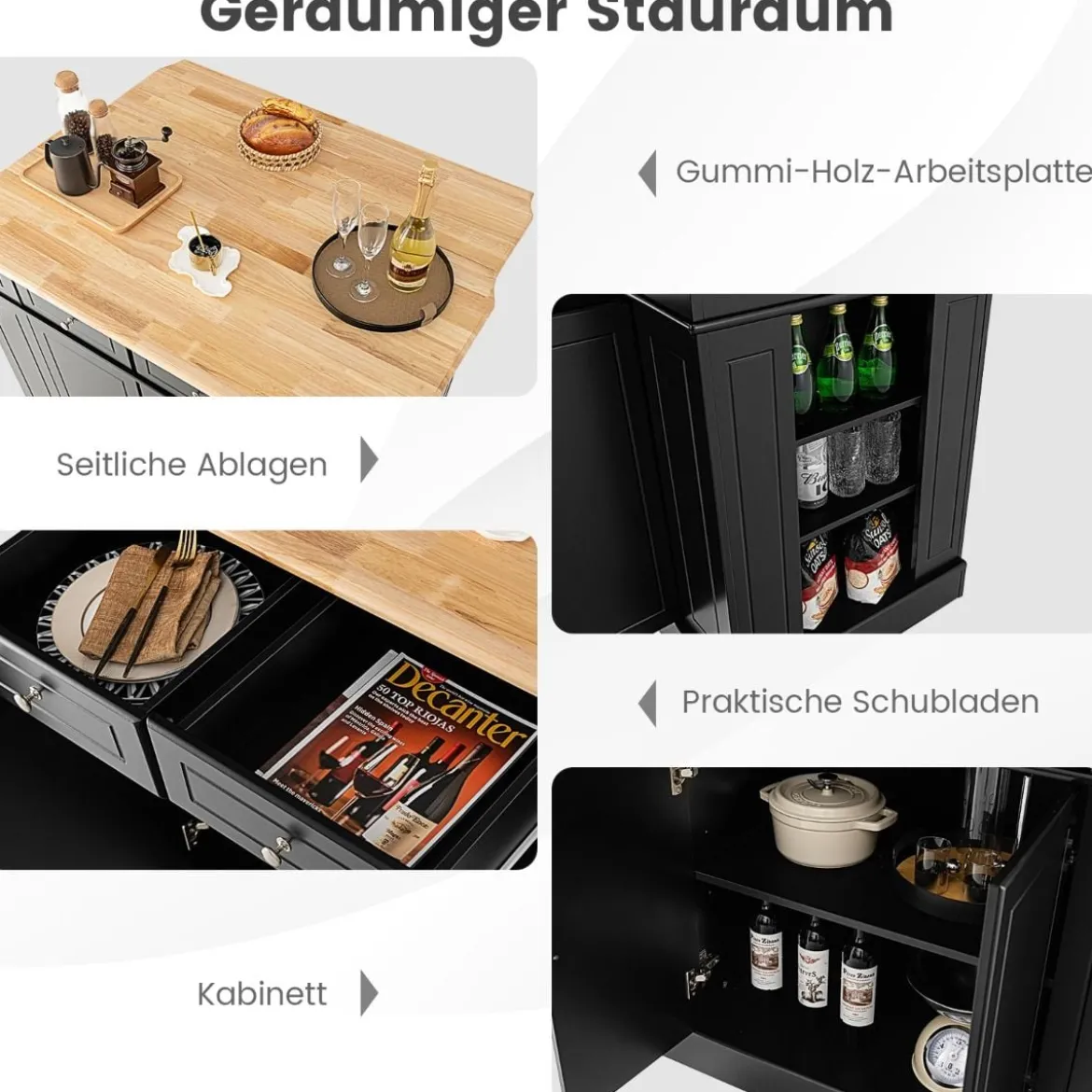 Küchenschrank mit Ausziehbarer Arbeitsplatte aus Gummiholz Kücheninsel mit Stauraum Schwarz