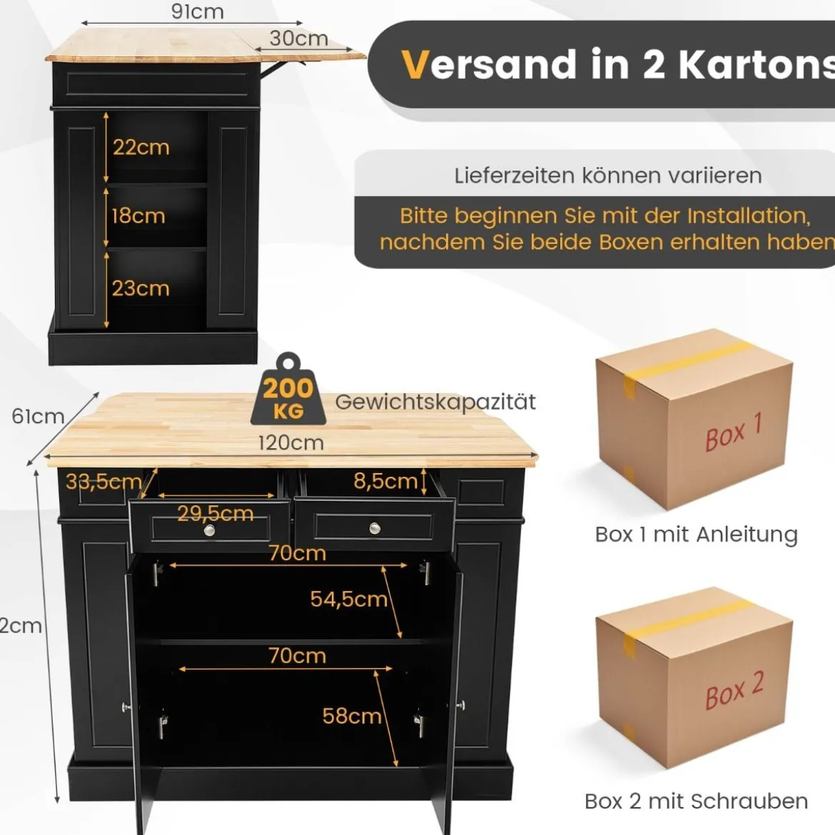 Küchenschrank mit Ausziehbarer Arbeitsplatte aus Gummiholz Kücheninsel mit Stauraum Schwarz
