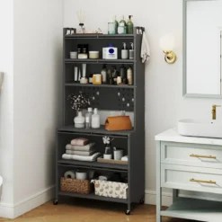 Küchenschrank mit 6 Ebenen Buffet-Schrank mit Regal freistehendes Backregal mit Stauraum Schwarz/Weiß