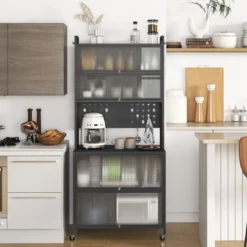 Küchenschrank mit 6 Ebenen Buffet-Schrank mit Regal freistehendes Backregal mit Stauraum Schwarz/Weiß