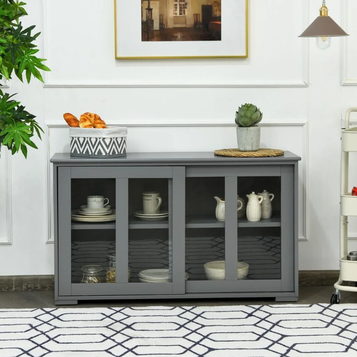 Küchenschrank mit Glasschiebetüren & Verstellbarem Ablage Sideboard Grau