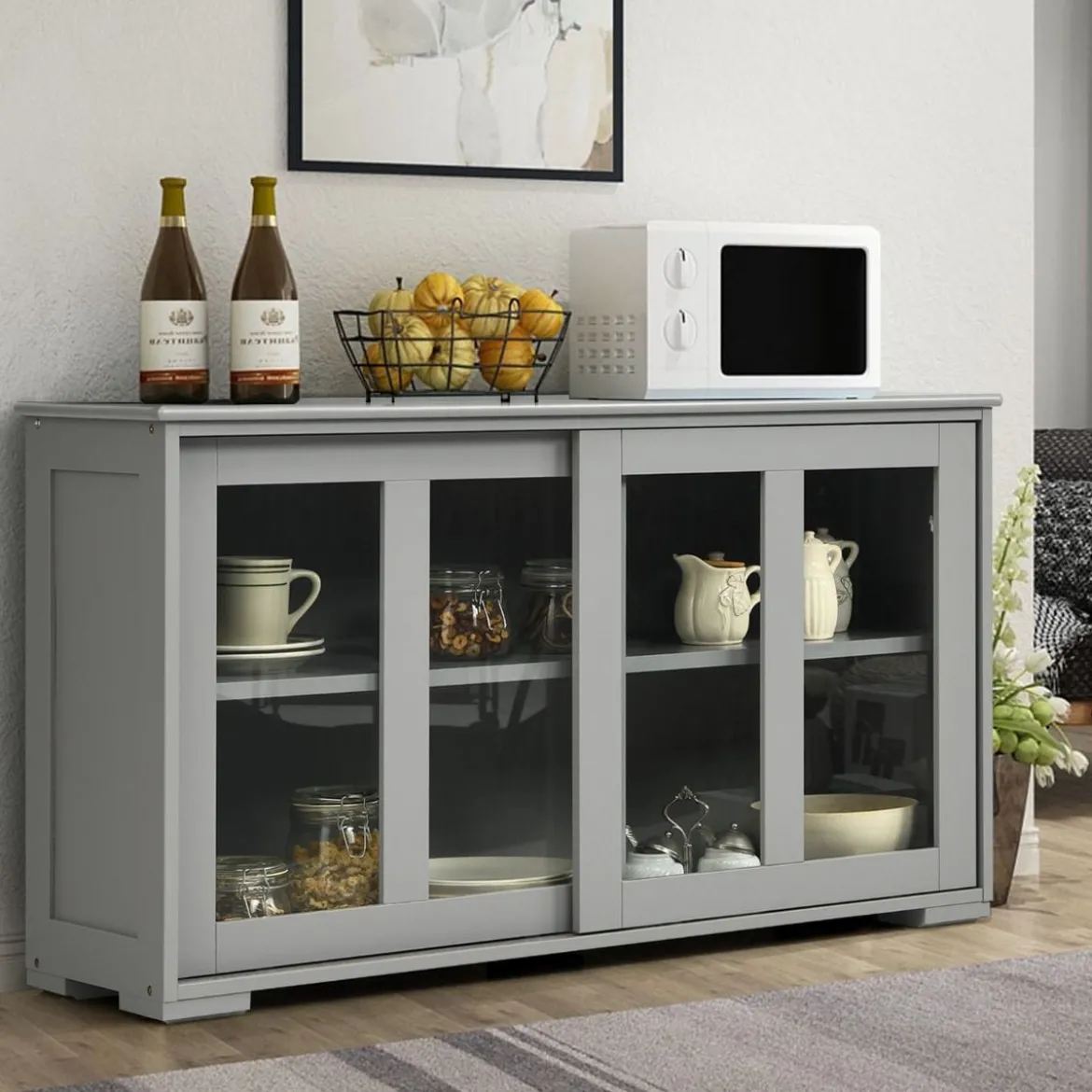 Küchenschrank mit Glasschiebetüren & Verstellbarem Ablage Sideboard Grau