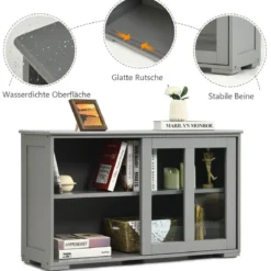 Küchenschrank mit Glasschiebetüren & Verstellbarem Ablage Sideboard Grau