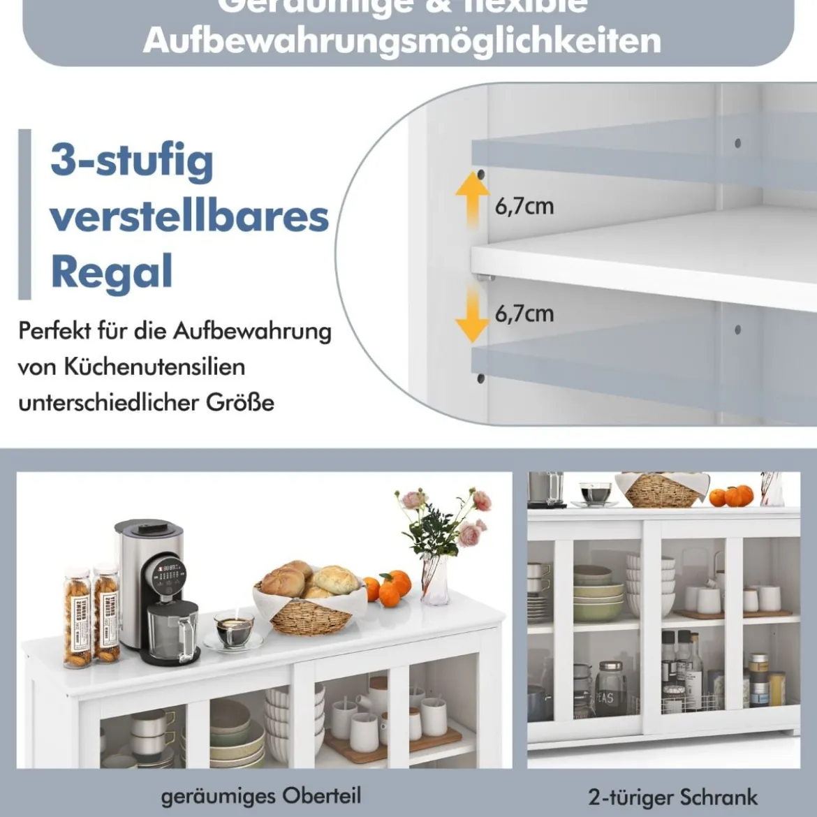 Küchenschrank mit Glasschiebetüren & Verstellbarem Ablage Sideboard Weiß