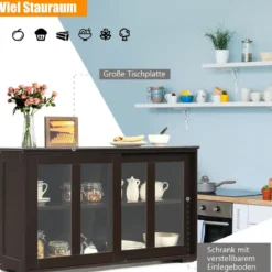 Küchenschrank mit Glasschiebetüren & Verstellbarem Ablage Sideboard Braun