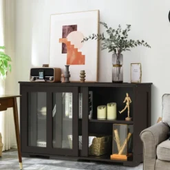 Küchenschrank mit Glasschiebetüren & Verstellbarem Ablage Sideboard Braun