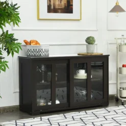 Küchenschrank mit Glasschiebetüren & Verstellbarem Ablage Sideboard Braun