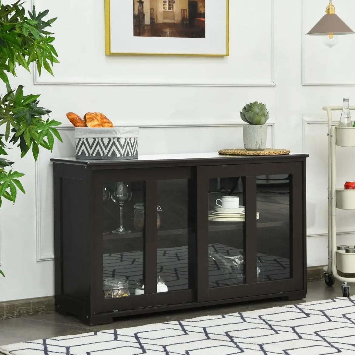 Küchenschrank mit Glasschiebetüren & Verstellbarem Ablage Sideboard Braun