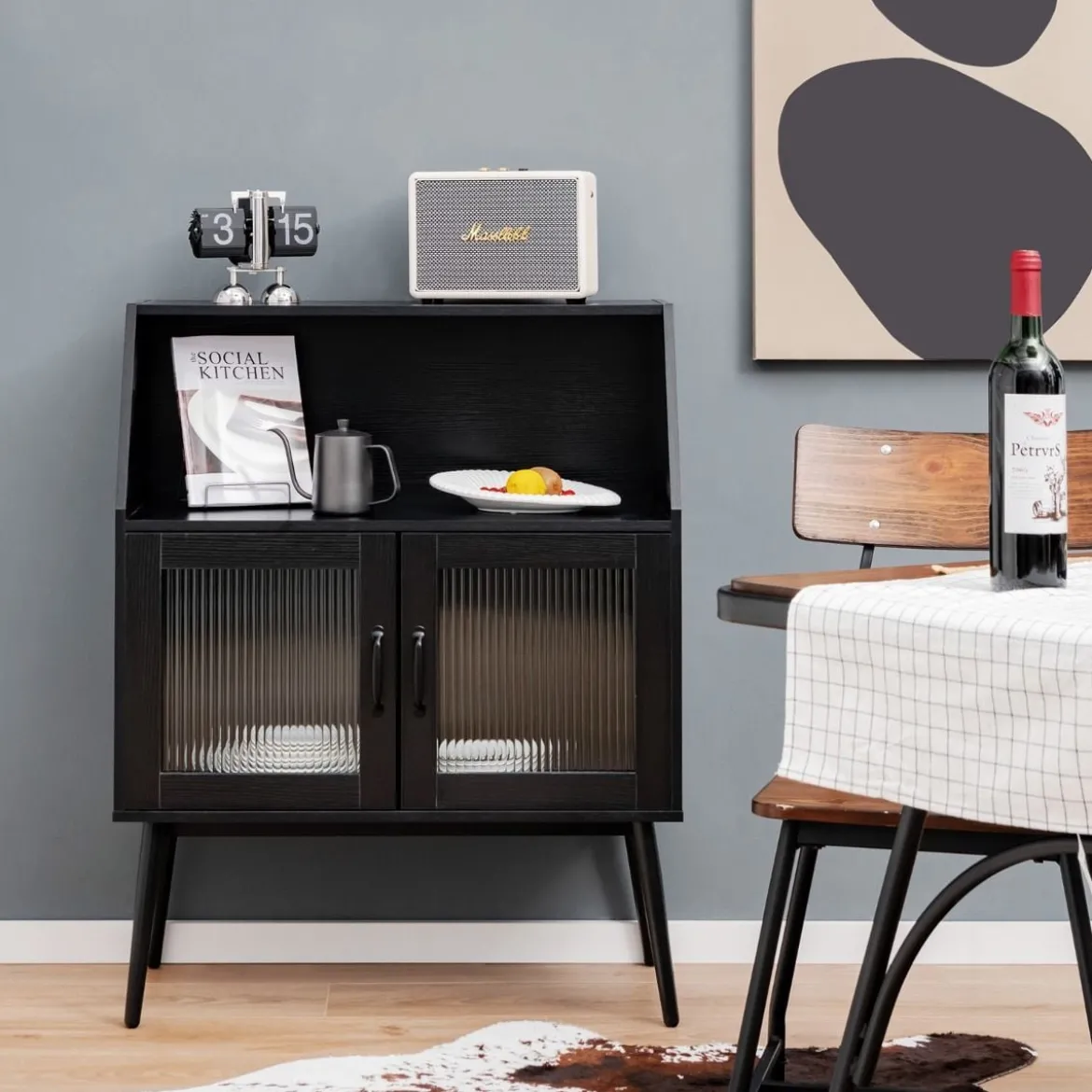 Küchenschrank mit Glastüren & offenem Fach Kommode Holz 80 x 40 x 101 cm Schwarz