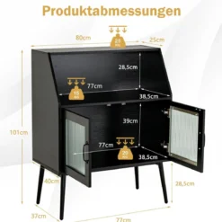 Küchenschrank mit Glastüren & offenem Fach Kommode Holz 80 x 40 x 101 cm Schwarz