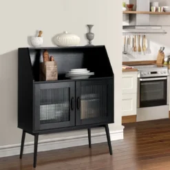 Küchenschrank mit Glastüren & offenem Fach Kommode Holz 80 x 40 x 101 cm Schwarz