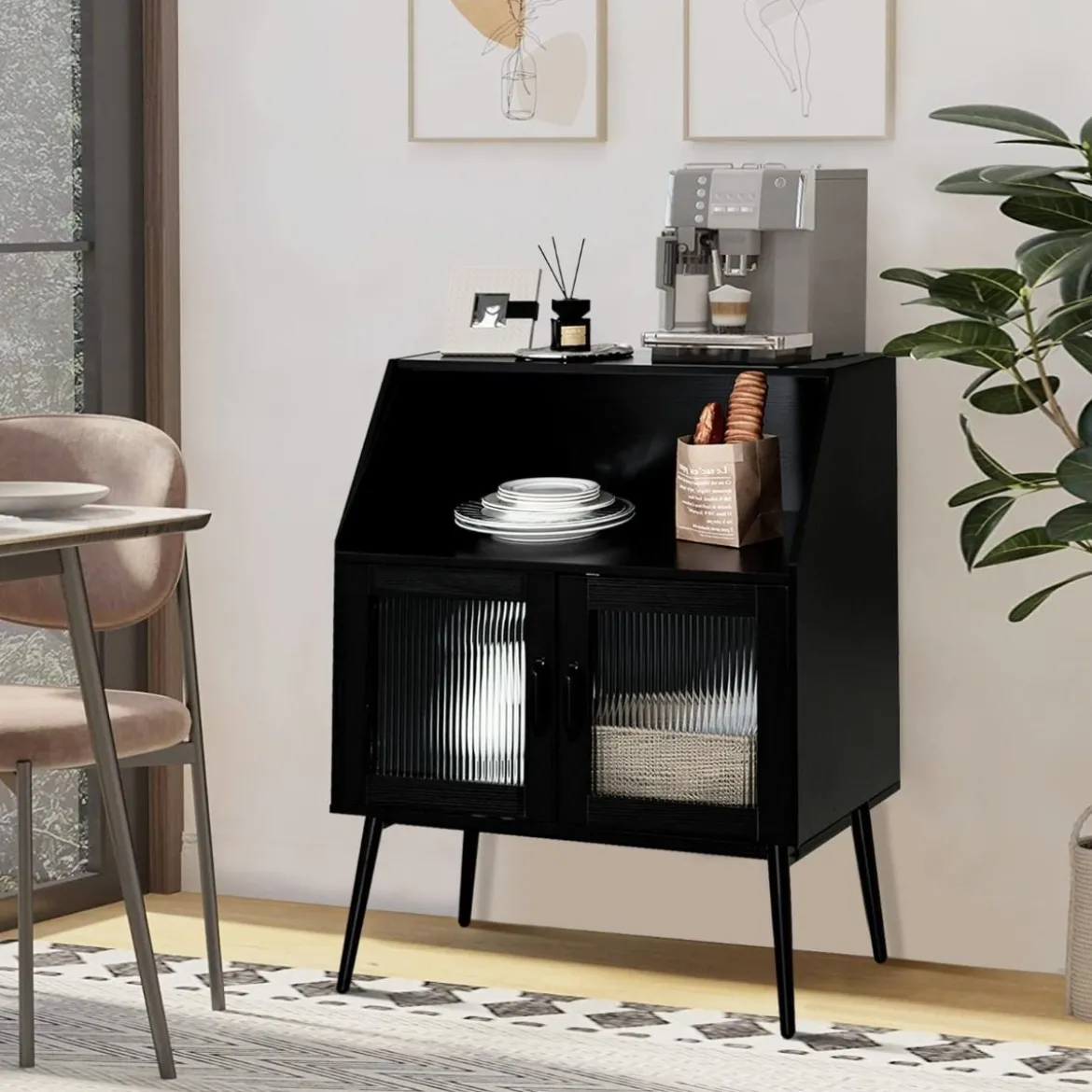 Küchenschrank mit Glastüren & offenem Fach Kommode Holz 80 x 40 x 101 cm Schwarz