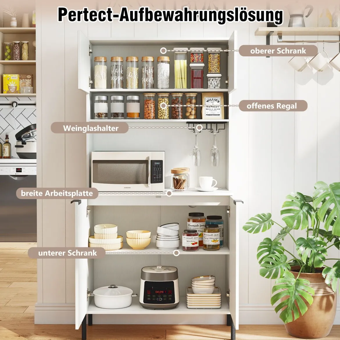 Küchenschrank mit Ladestation 164 cm hoher Weinschrank mit Weinglashalter Buffet-Sideboard Weiß