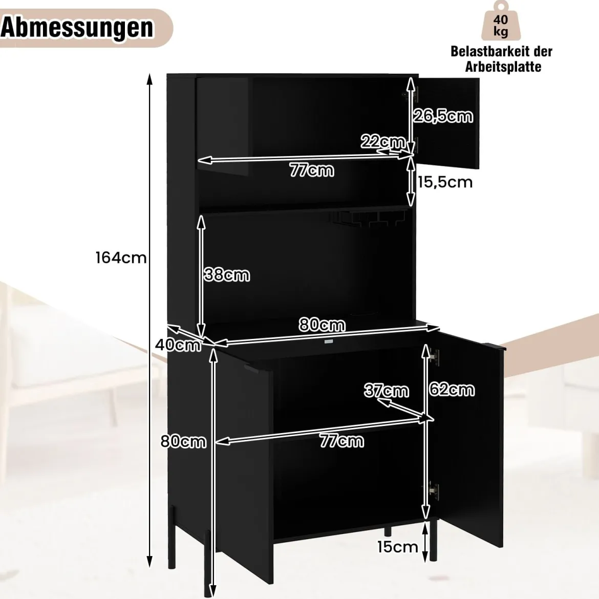 Küchenschrank mit Ladestation 164 cm hoher Weinschrank mit Weinglashalter Buffet-Sideboard Schwarz