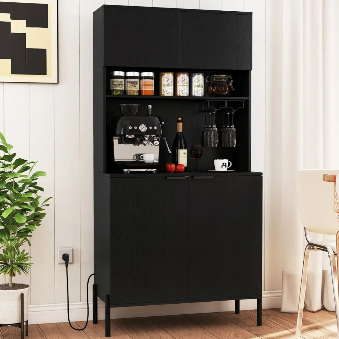 Küchenschrank mit Ladestation 164 cm hoher Weinschrank mit Weinglashalter Buffet-Sideboard Schwarz
