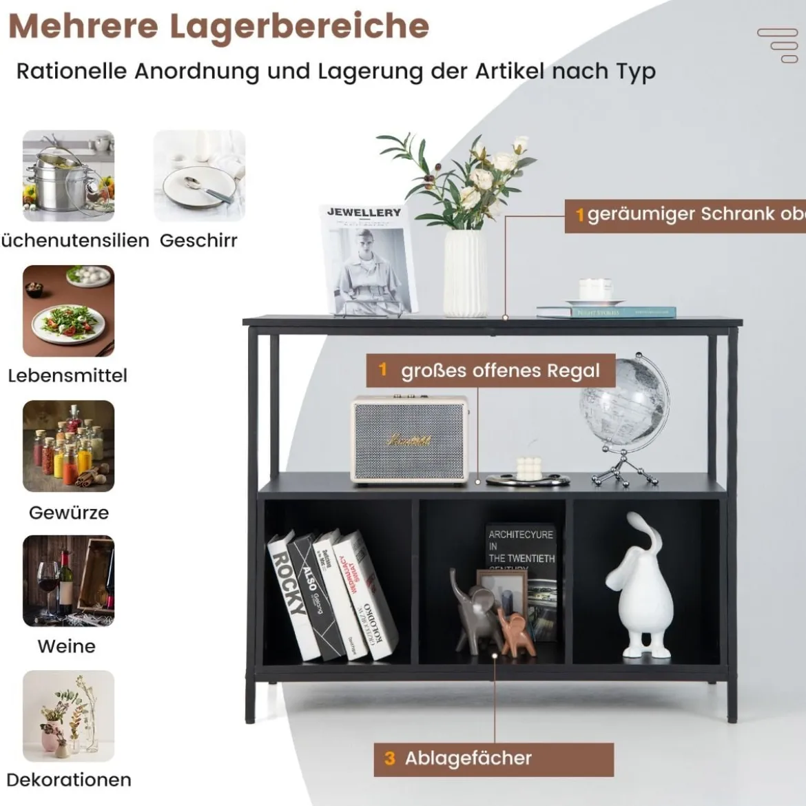 Küchenschrank mit Metallrahmen & Offenem Regal & 3 Fächern Sideboard 110 x 42,5 x 88 cm Schwarz