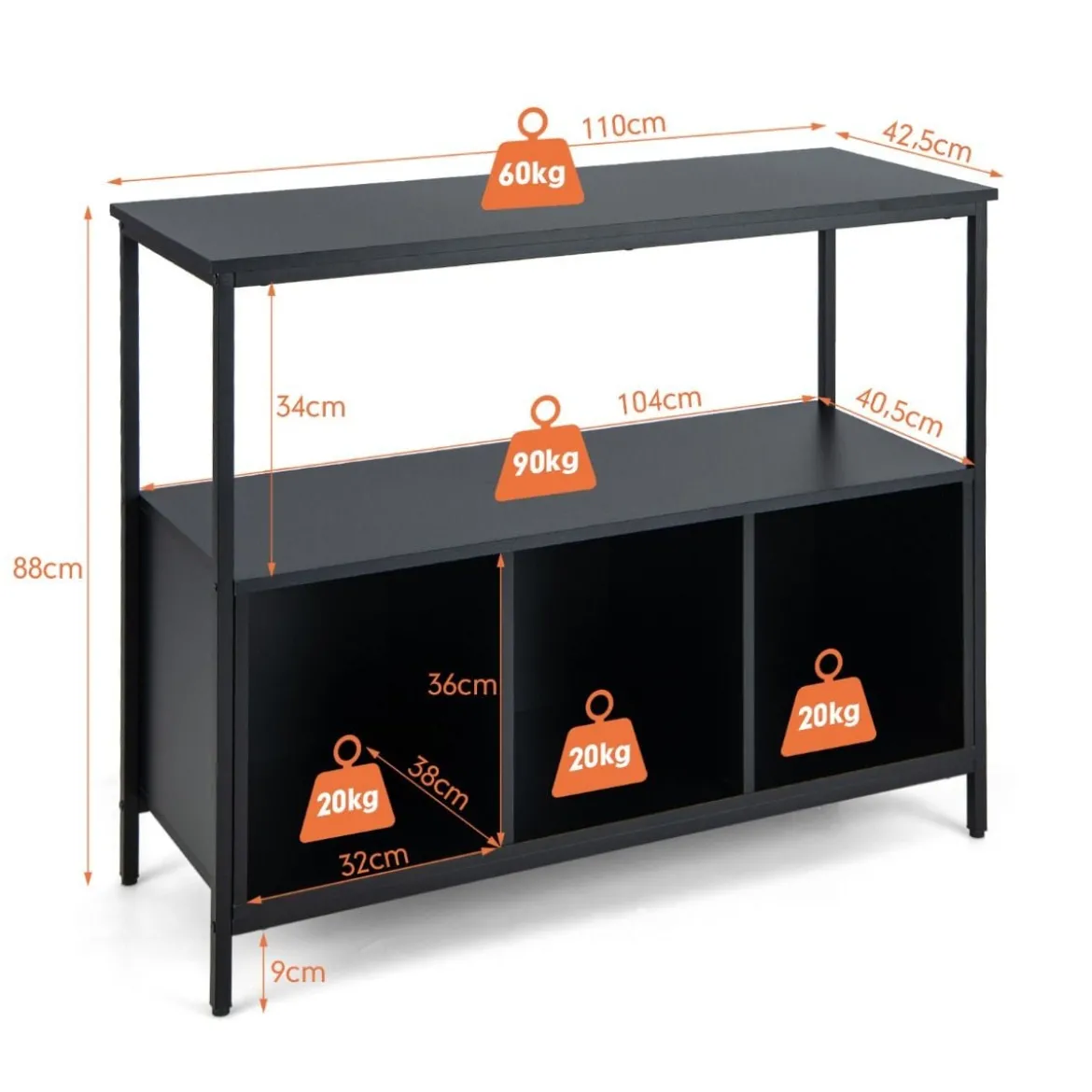 Küchenschrank mit Metallrahmen & Offenem Regal & 3 Fächern Sideboard 110 x 42,5 x 88 cm Schwarz