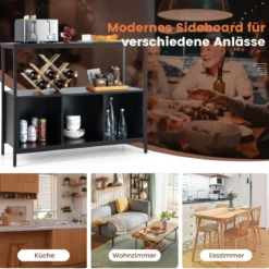 Küchenschrank mit Metallrahmen & Offenem Regal & 3 Fächern Sideboard 110 x 42,5 x 88 cm Schwarz