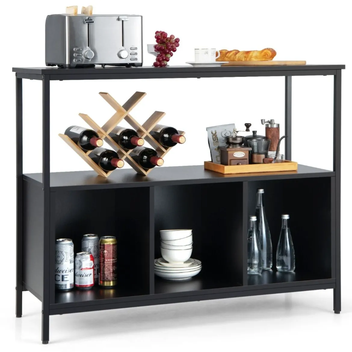 Küchenschrank mit Metallrahmen & Offenem Regal & 3 Fächern Sideboard 110 x 42,5 x 88 cm Schwarz