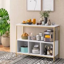 Küchenschrank mit Metallrahmen & Offenem Regal & 3 Fächern Sideboard 110 x 42,5 x 88 cm Weiß