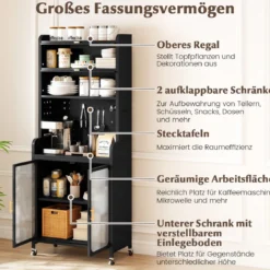 Küchenschrank mit Rollen Küchenregal mit Arbeitsplatte aufklappbaren PC-Türen verstellbarem Regal & Lochwand Schwarz