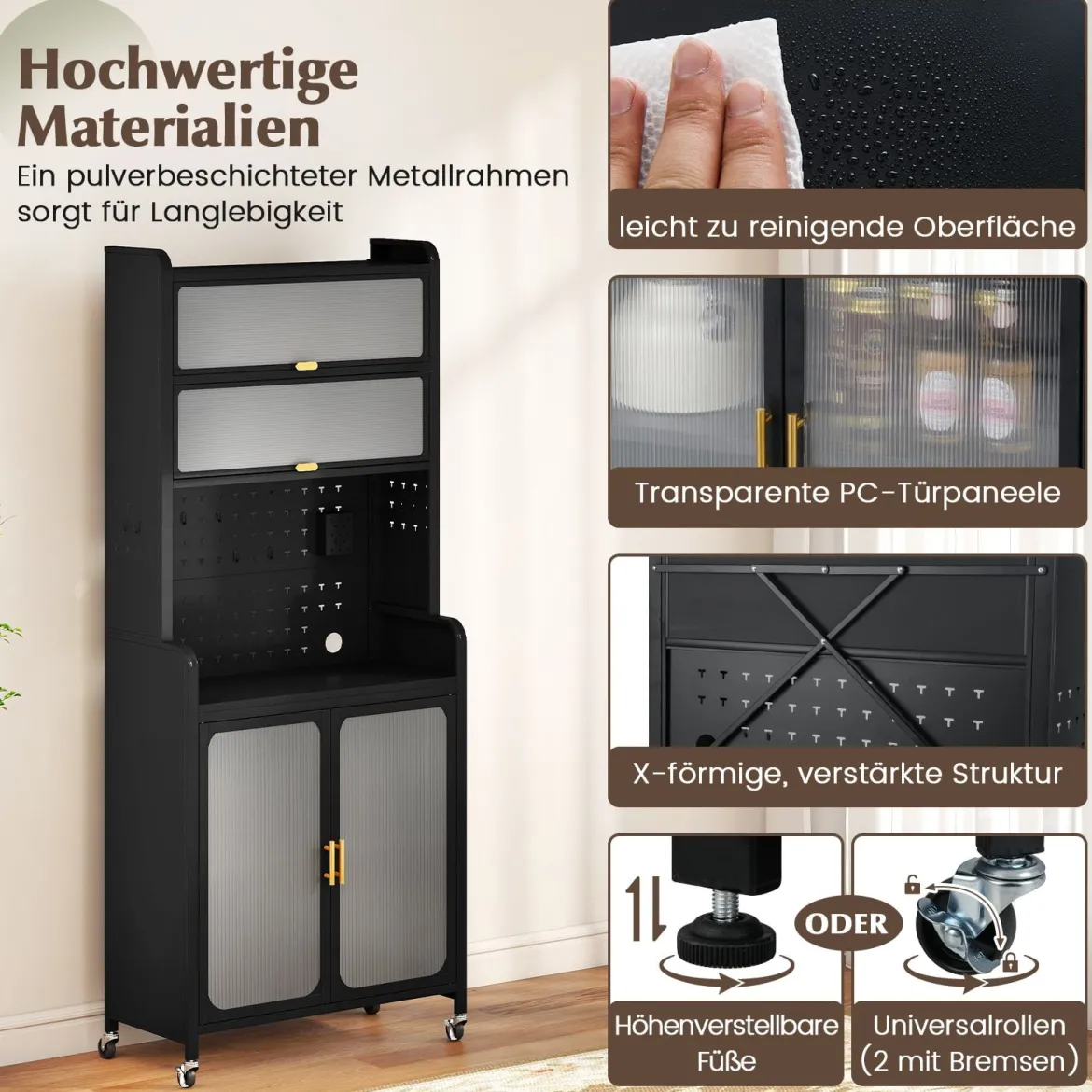 Küchenschrank mit Rollen Küchenregal mit Arbeitsplatte aufklappbaren PC-Türen verstellbarem Regal & Lochwand Schwarz