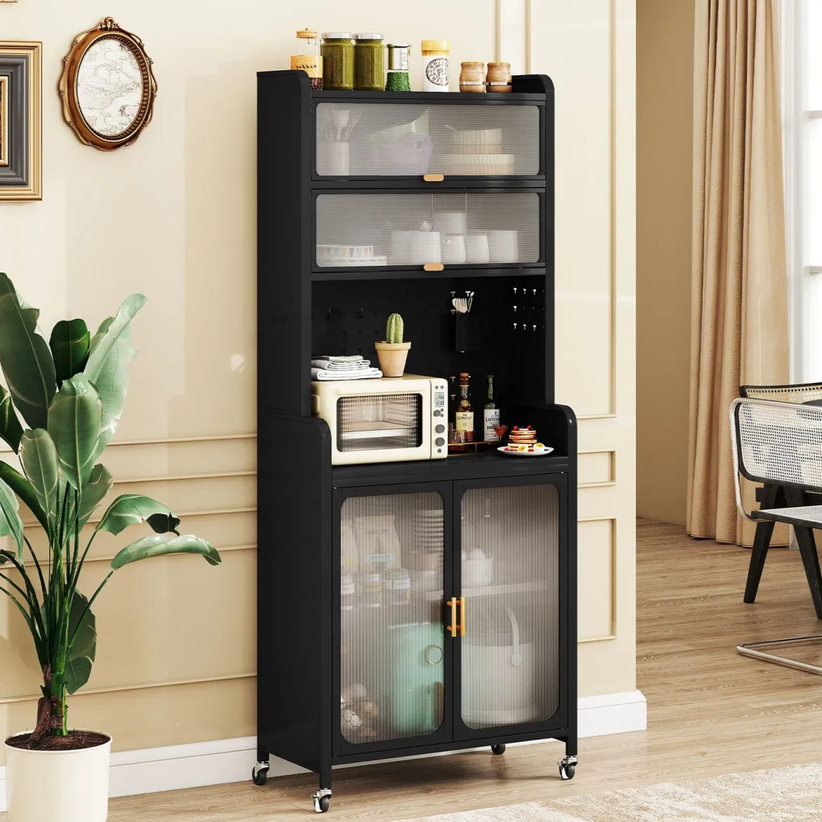 Küchenschrank mit Rollen Küchenregal mit Arbeitsplatte aufklappbaren PC-Türen verstellbarem Regal & Lochwand Schwarz