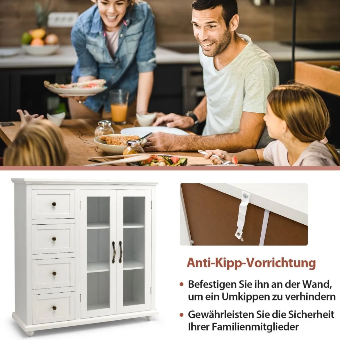 Küchenschrank mit 4 Schubladen & Verstellbarem Regal & 2 Türen Moderner Buffetschrank Weiß