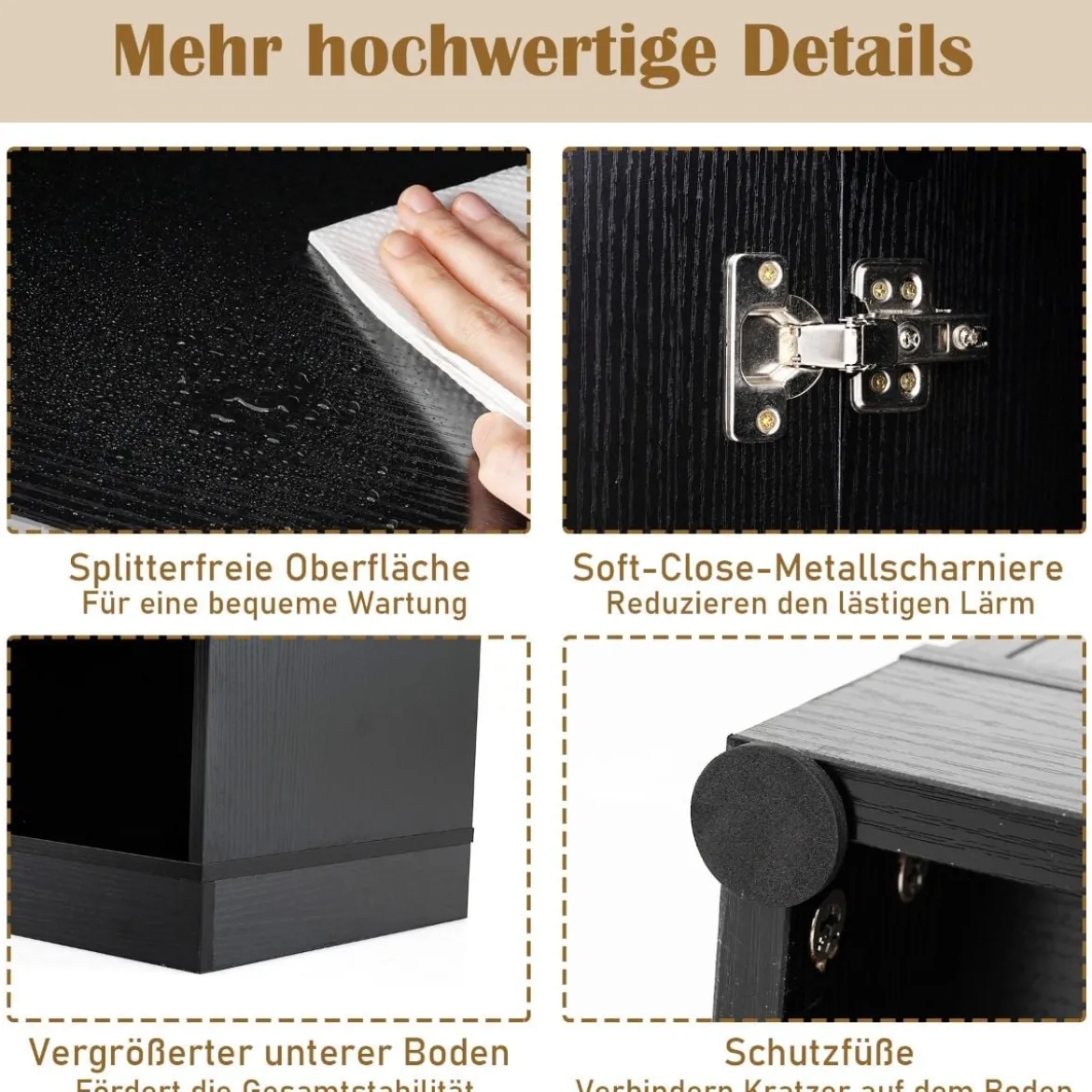 Küchenschrank mit 3 Türen & Offenen Regalen Buffetschrank mit Arbeitsplatte Hochschrank Schwarz