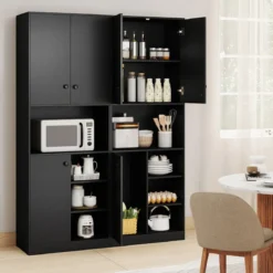 Küchenschrank mit 3 Türen & Offenen Regalen Buffetschrank mit Arbeitsplatte Hochschrank Schwarz