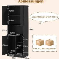 Küchenschrank mit 3 Türen & Offenen Regalen Buffetschrank mit Arbeitsplatte Hochschrank Schwarz
