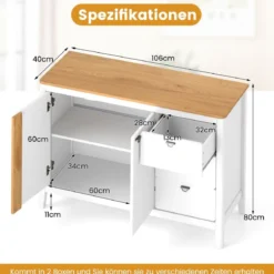 Küchenschrank mit 2 Türen & 3 Schubladen Holz Sideboard Buffetschrank 106 x 40 x 80 cm